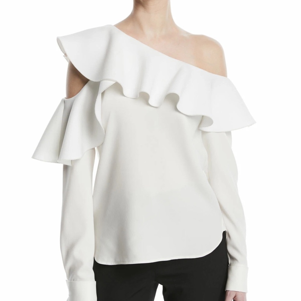 Oscar de la Renta Cream Ruffle Cold Shoulder Blouse Size 10